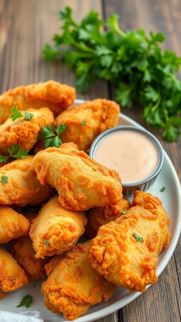 A plate of crispy fried chicken pieces garnished with parsley and served with dipping sauce.